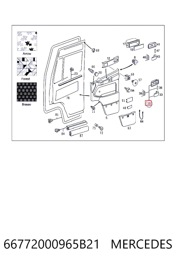 Manija interior de puerta delantera 66772000965B21 Mercedes