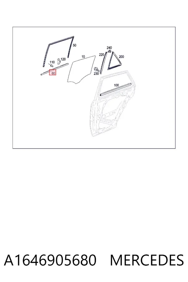 Moldura de cristal de la puerta trasera derecha A1646905680 Mercedes