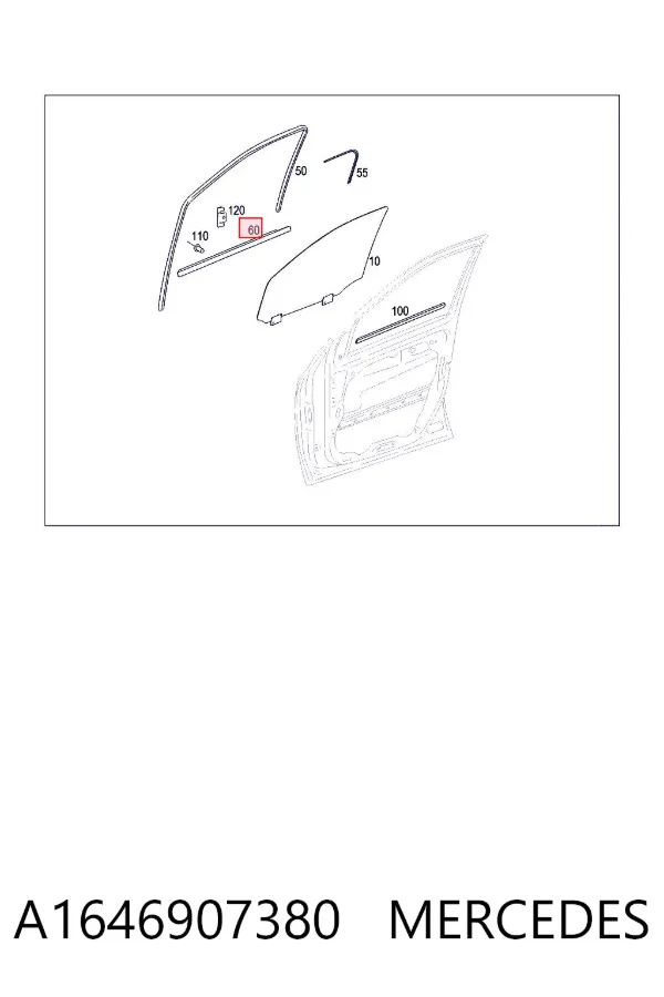 Sellador exterior de vidrio de puerta delantera izquierda A1646907380 Mercedes