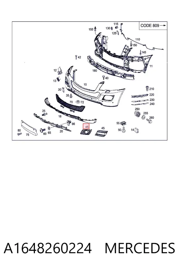 Tapa de rejilla de faro antiniebla delantero derecho A1648260224 Mercedes