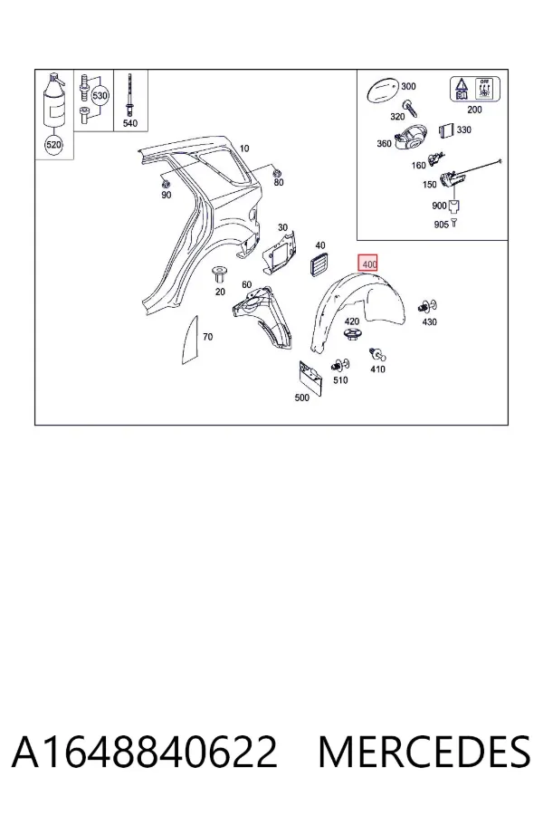 Guardalodo interior derecho, aleta trasera A1648840622 Mercedes