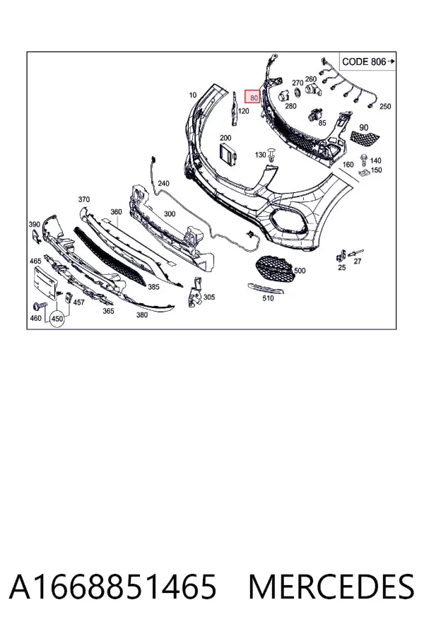 Soporte central del parachoques delantero A1668851465 Mercedes