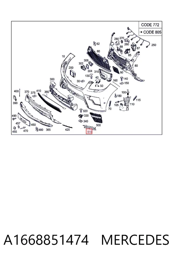 Moldura derecha del parachoques delantero A1668851474 Mercedes
