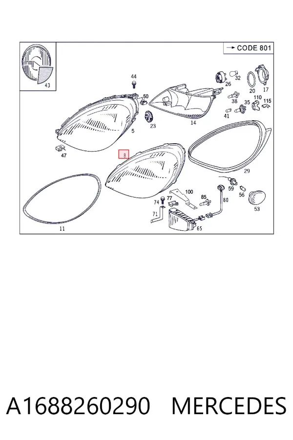 Cristal de faro derecho A1688260290 Mercedes