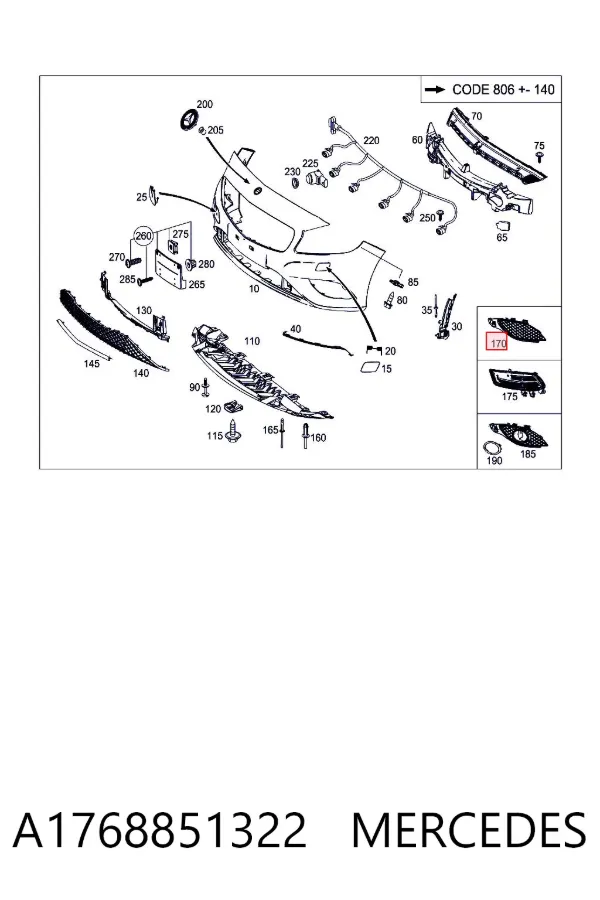 Rejilla derecha del parachoques delantero A1768851322 Mercedes