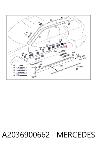 Moldura de salpicadera trasera derecha MERCEDES A2036900662