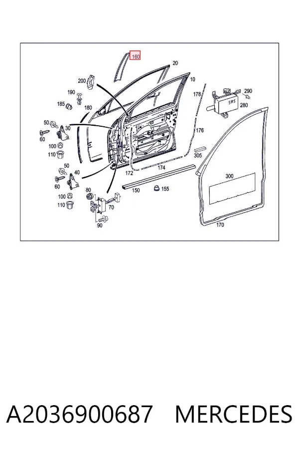 Moldura vertical de puerta delantera derecha A2036900687 Mercedes