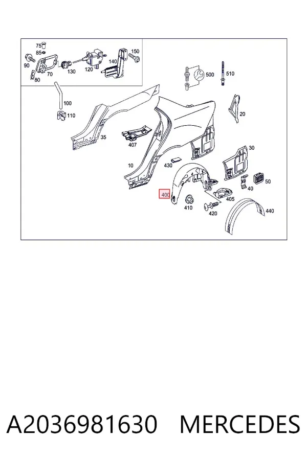 Guardalodo interior derecho, aleta trasera A2036981630 Mercedes