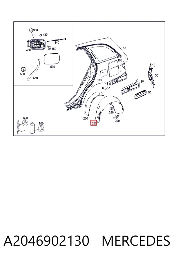 Guardalodo interior derecho, aleta trasera A2046902130 Mercedes