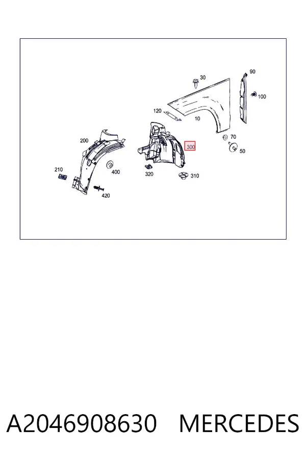 Guardabarros interior trasero derecho del guardafango delantero A2046908630 Mercedes