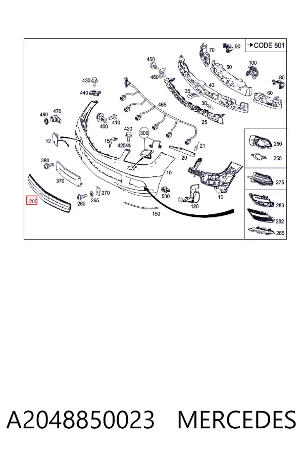 Rejilla central del parachoques delantero A2048850023 Mercedes