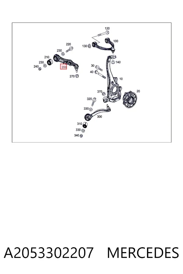Brazo inferior derecho de la suspensión delantera A2053302207 Mercedes