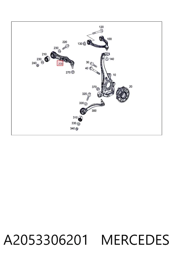 Brazo inferior derecho de la suspensión delantera A2053306201 Mercedes