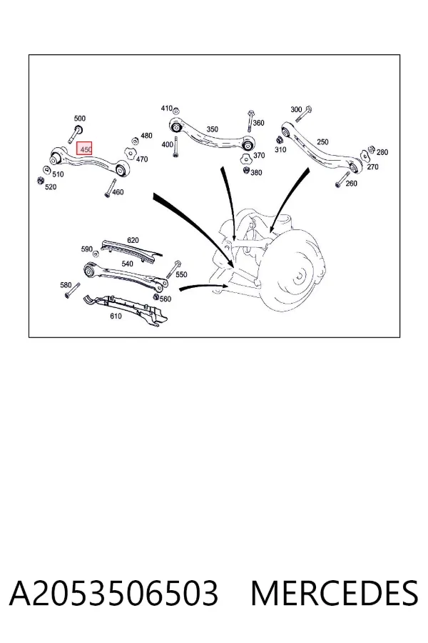 Brazo transversal izquierdo de suspensión trasera A2053506503 Mercedes