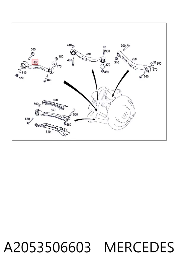 Brazo transversal derecho de suspensión trasera A2053506603 Mercedes