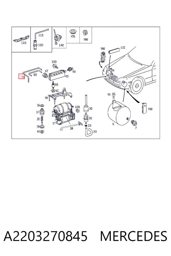 Tubo del sistema neumático de amortiguadores A2203270845 Mercedes