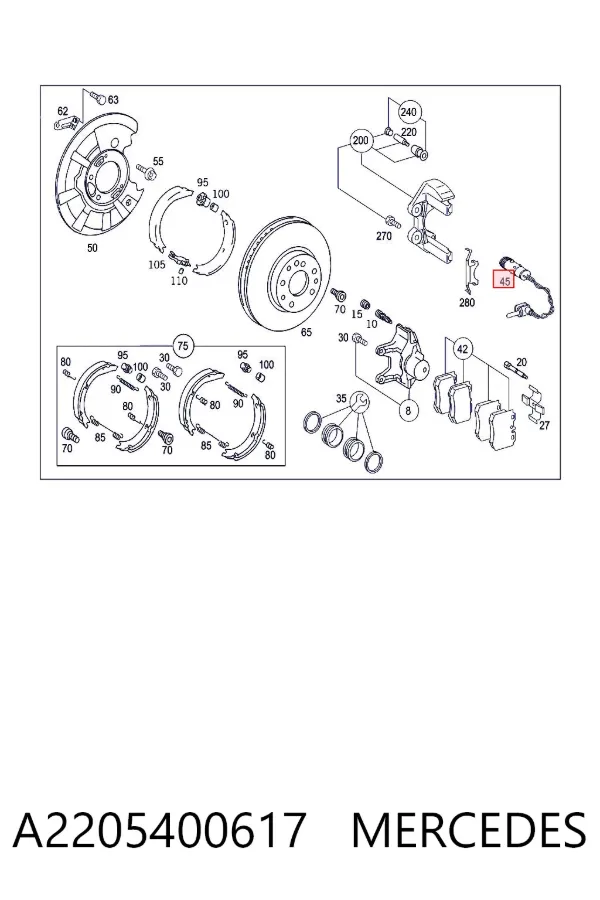 Sensor de desgaste de pastillas de freno trasero A2205400617 Mercedes