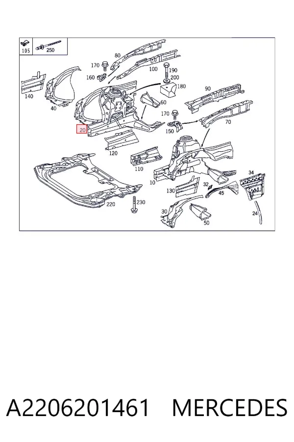 Larguero delantero derecho del bastidor A2206201461 Mercedes