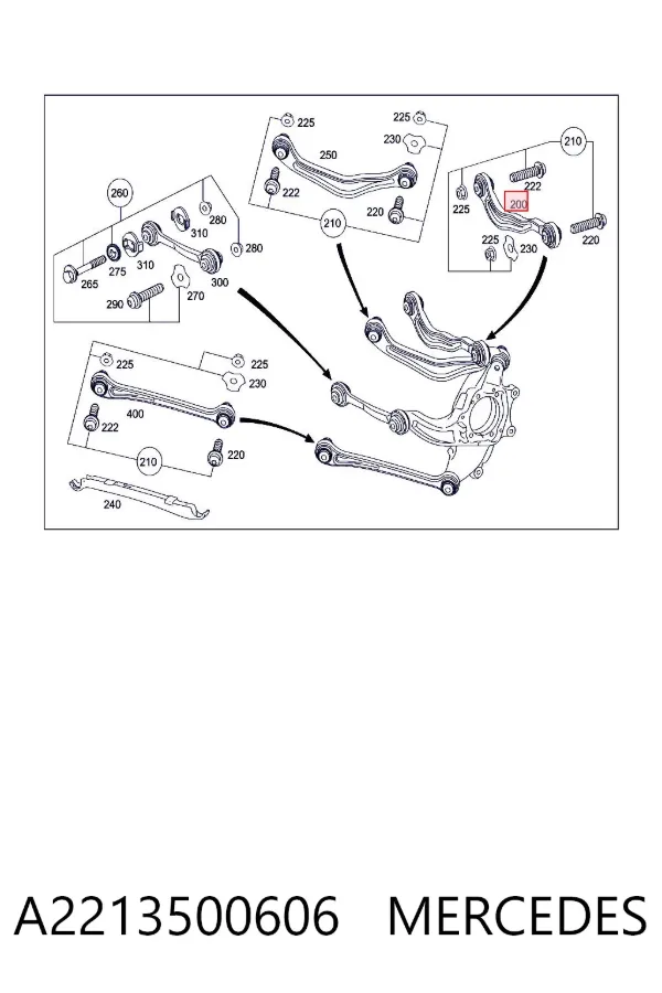 Brazo superior derecho de la suspensión trasera A2213500606 Mercedes