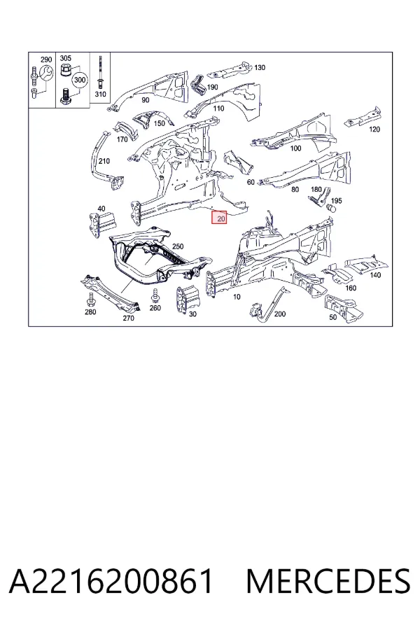 Larguero delantero derecho del bastidor A2216200861 Mercedes