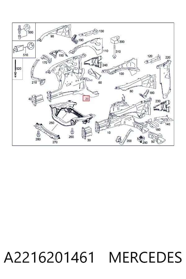 Larguero delantero derecho del bastidor A2216201461 Mercedes