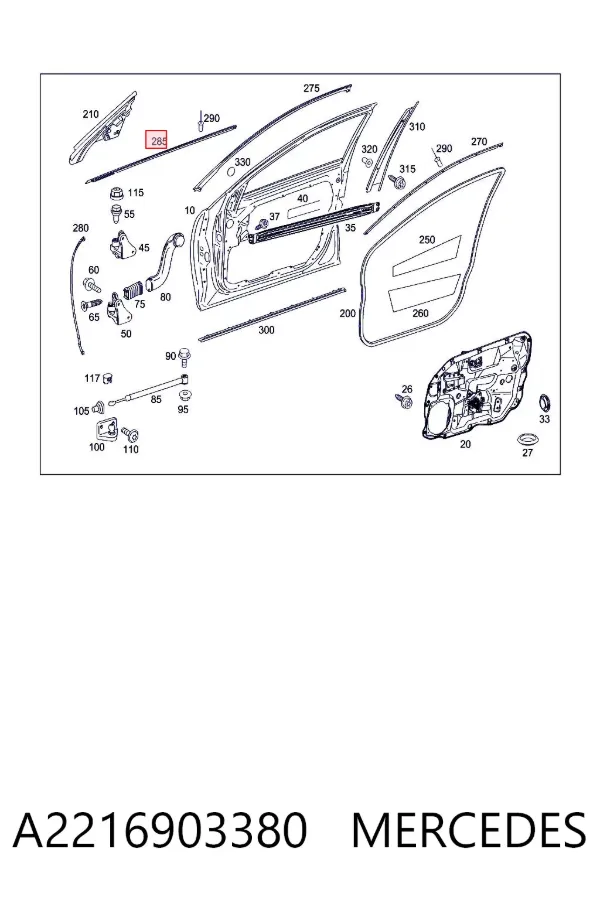Moldura de cristal de la puerta delantera izquierda A2216903380 Mercedes
