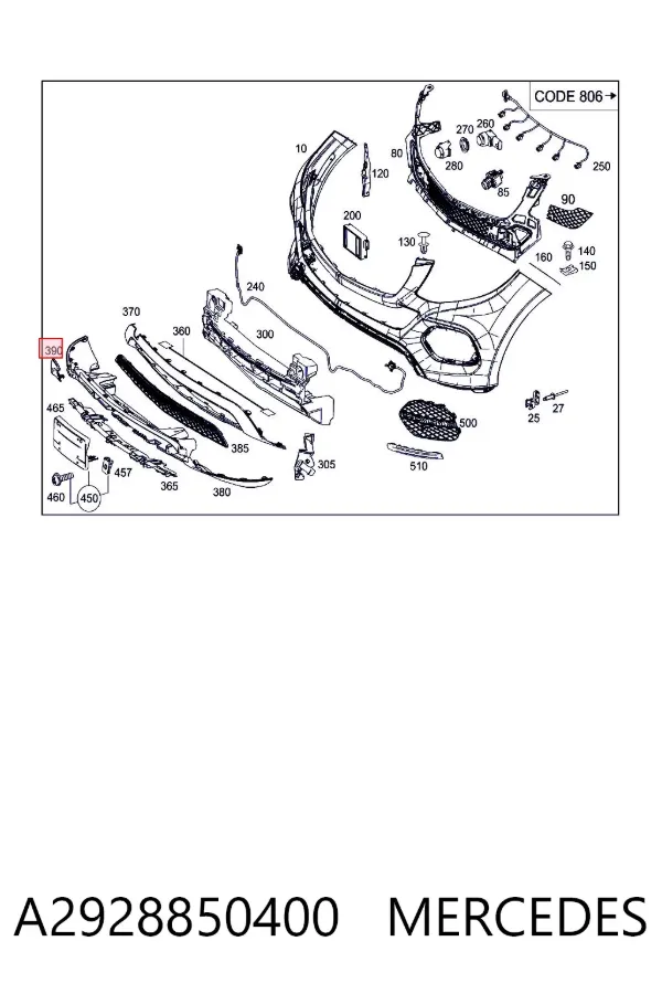 Moldura derecha del parachoques delantero A2928850400 Mercedes