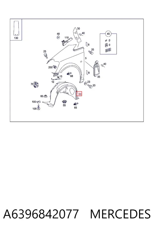 Guardalodos interior izquierdo, guardafango delantero A6396842077 Mercedes