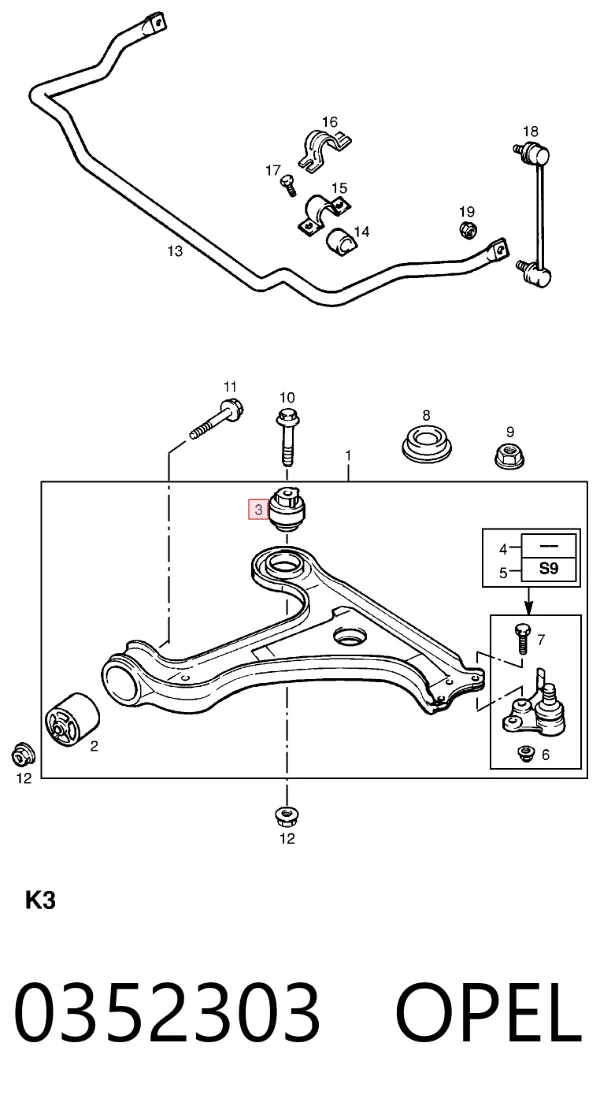 Silentblock del brazo de suspensión 0352303 Opel