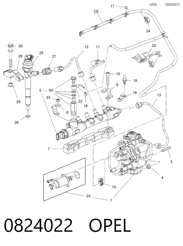 Tubería de retorno de combustible de los inyectores 0824022 Opel