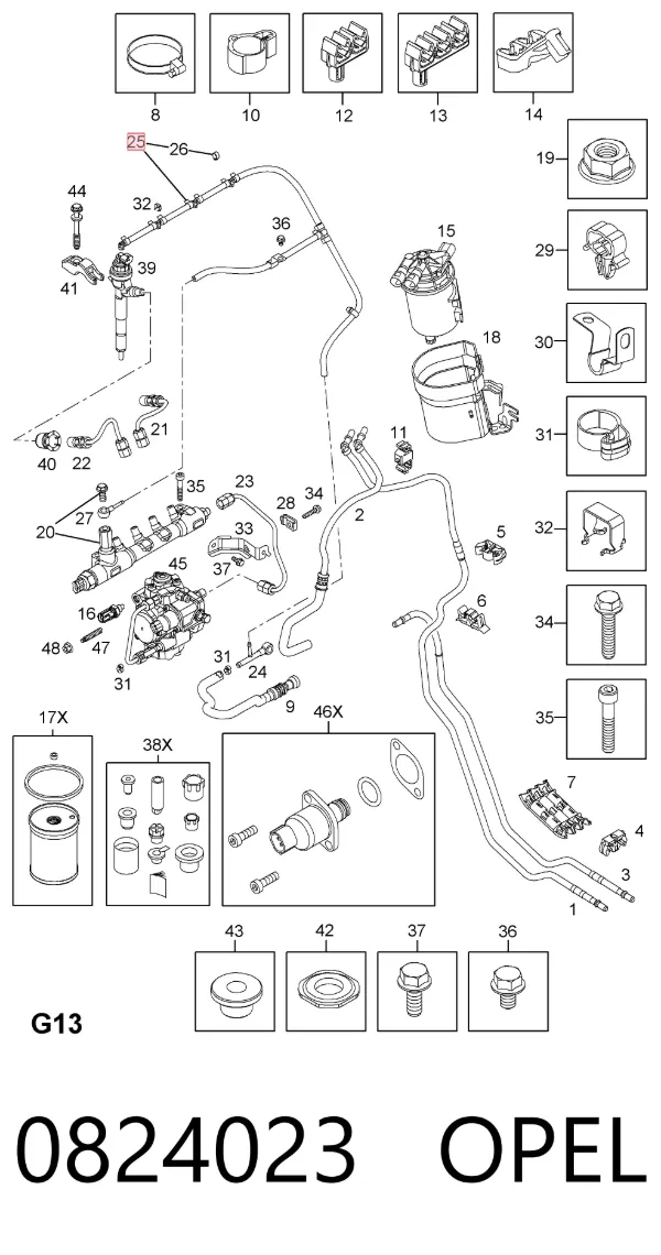 Tubería de retorno de combustible de los inyectores 0824023 Opel