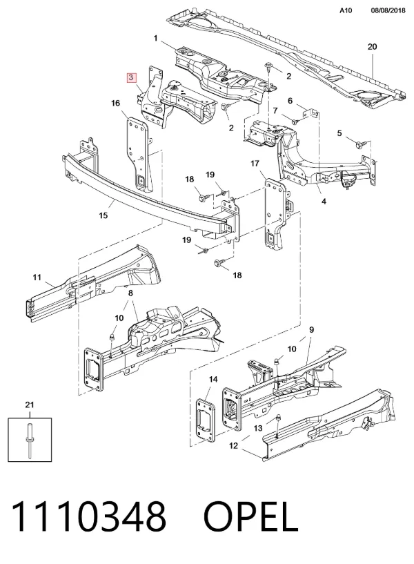 Soporte derecho del radiador (panel de montaje para faros) 1110348 Opel