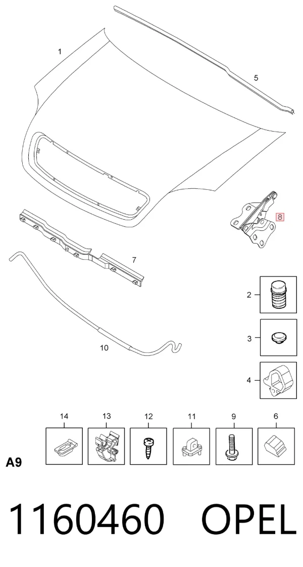 Bisagra derecha del capó 1160460 Opel