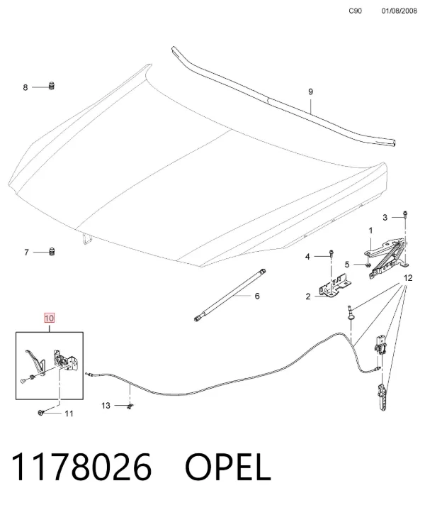 Cerradura de capó 1178026 Opel