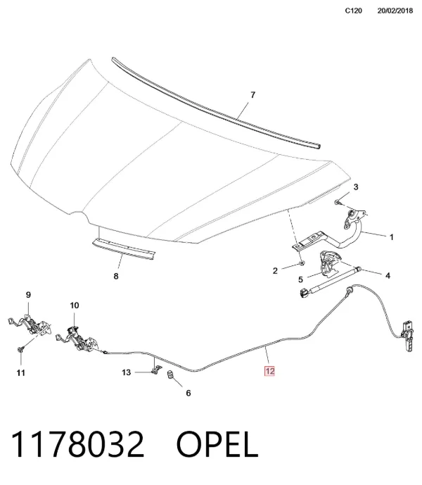 Cable de capó del motor 1178032 Opel