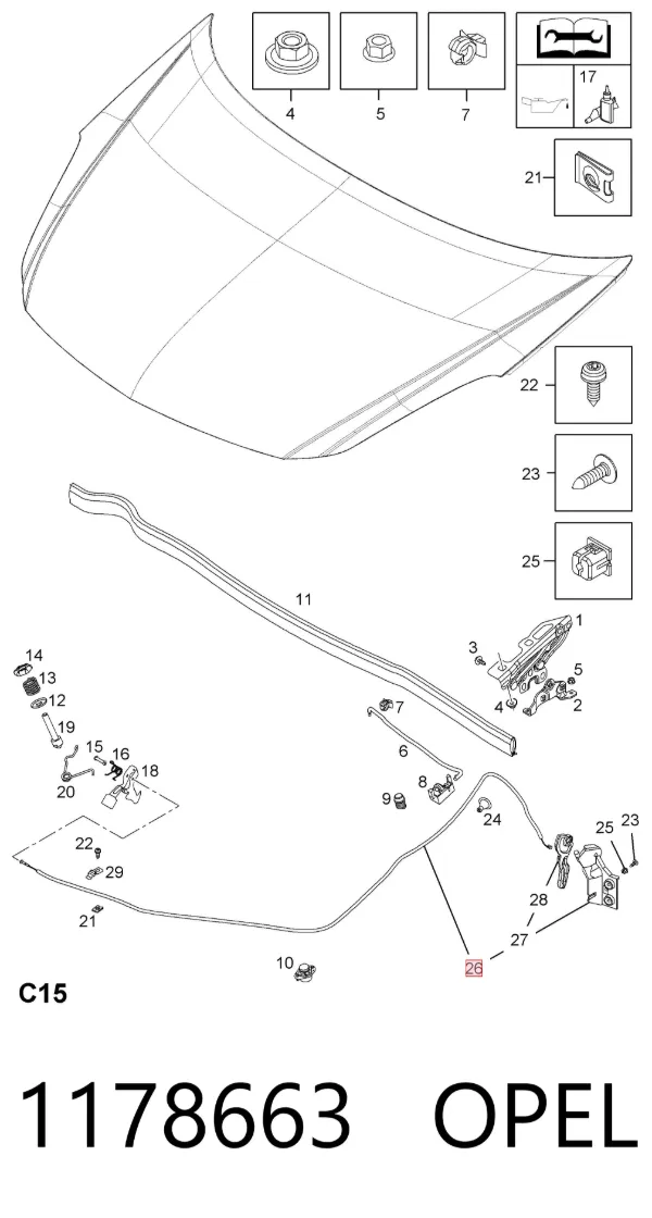 Cable de capó del motor 1178663 Opel
