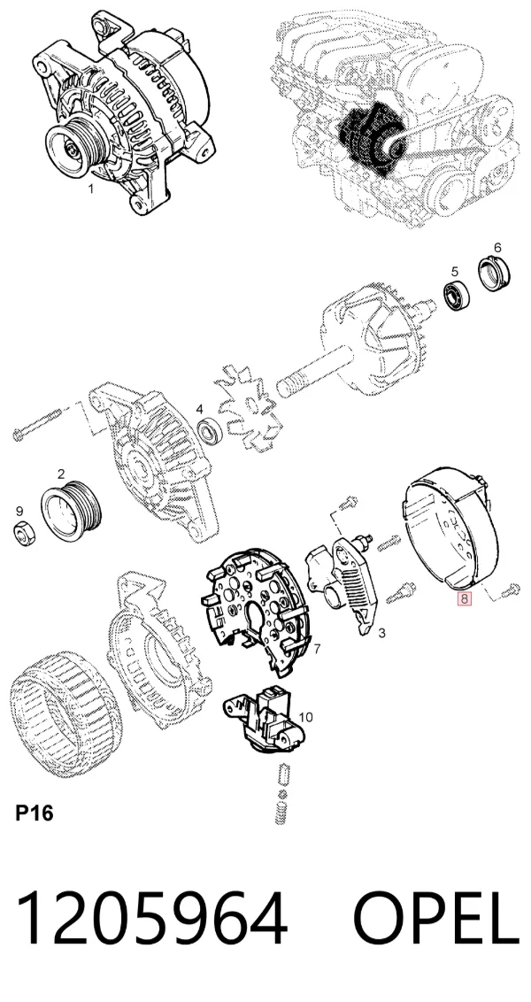 Tapa trasera del alternador 1205964 Opel