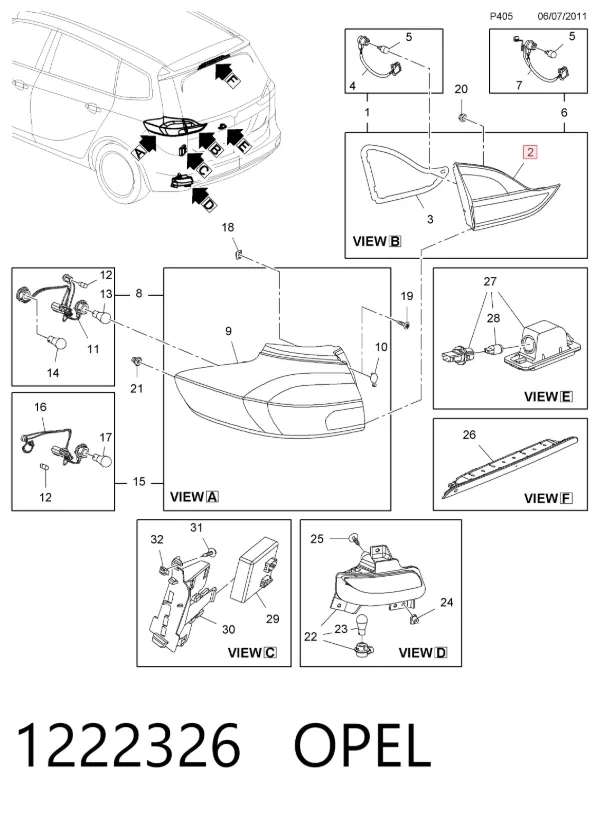 Piloto trasero interior derecho 1222326 Opel