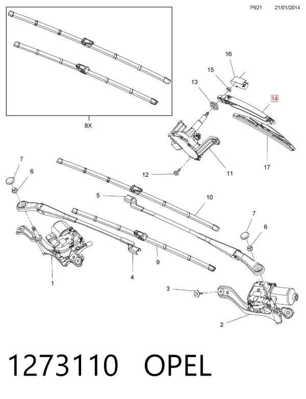 Brazo del limpiaparabrisas, trasero 1273110 Opel