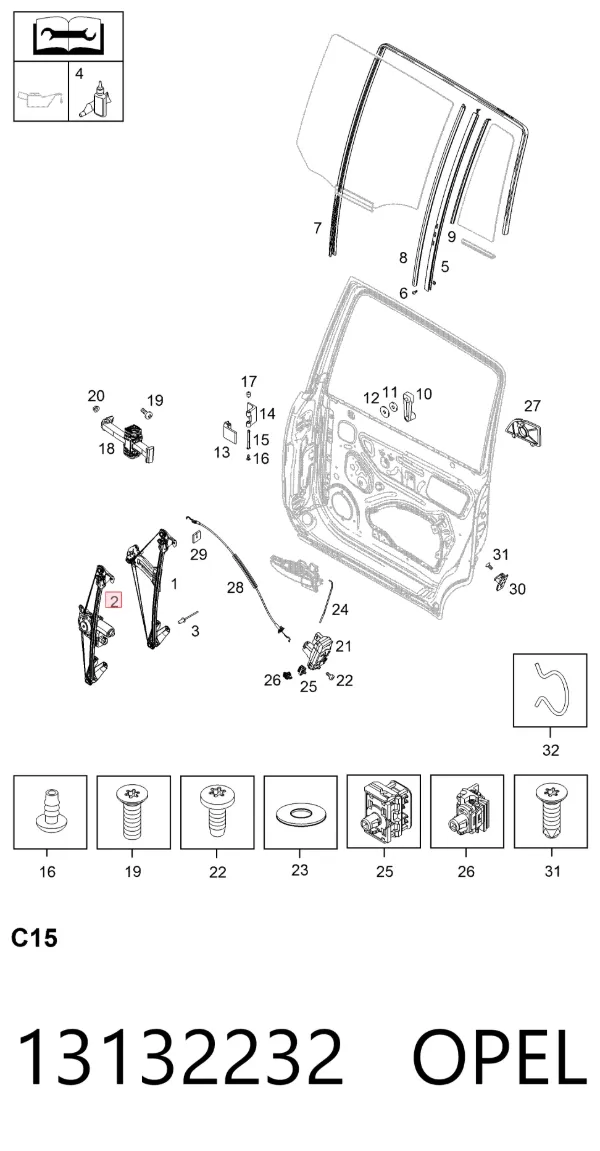 Mecanismo de elevalunas de la puerta trasera derecha 13132232 Opel