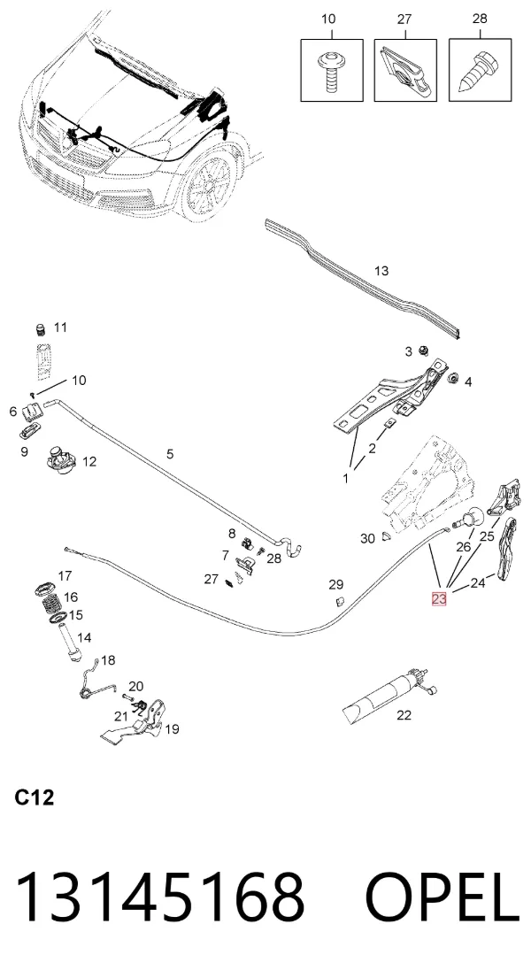 Cable de capó del motor 13145168 Opel