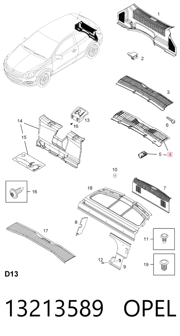 Revestimiento de panel trasero del maletero 13213589 Opel