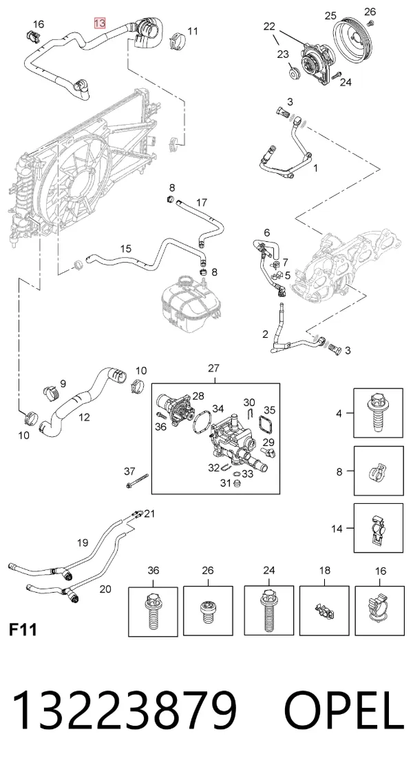 Manguera inferior del radiador 13223879 Opel