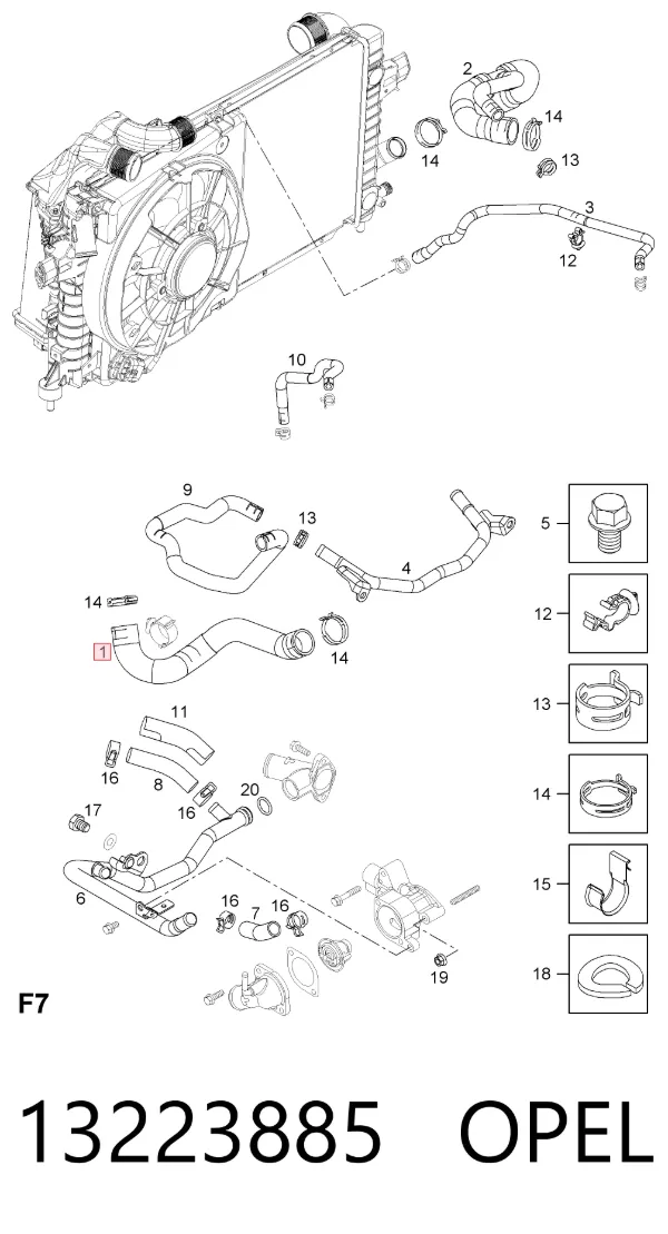 Manguera superior del radiador 13223885 Opel