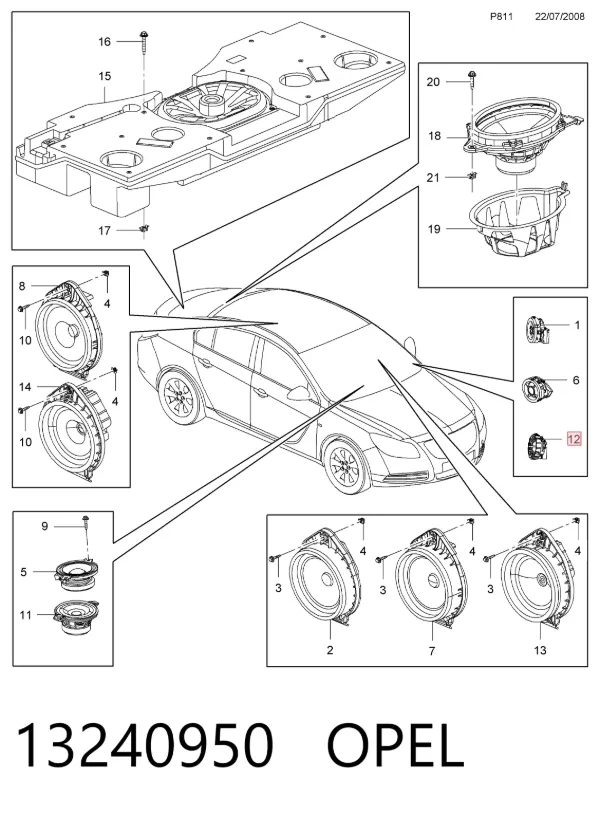 Altavoz de la puerta delantera 13240950 Opel