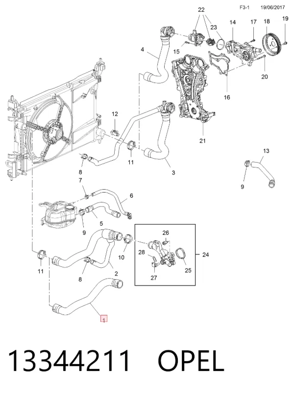 Manguera inferior del radiador 13344211 Opel
