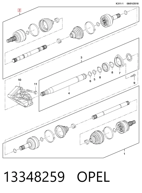 Semieje delantero derecho 13348259 Opel