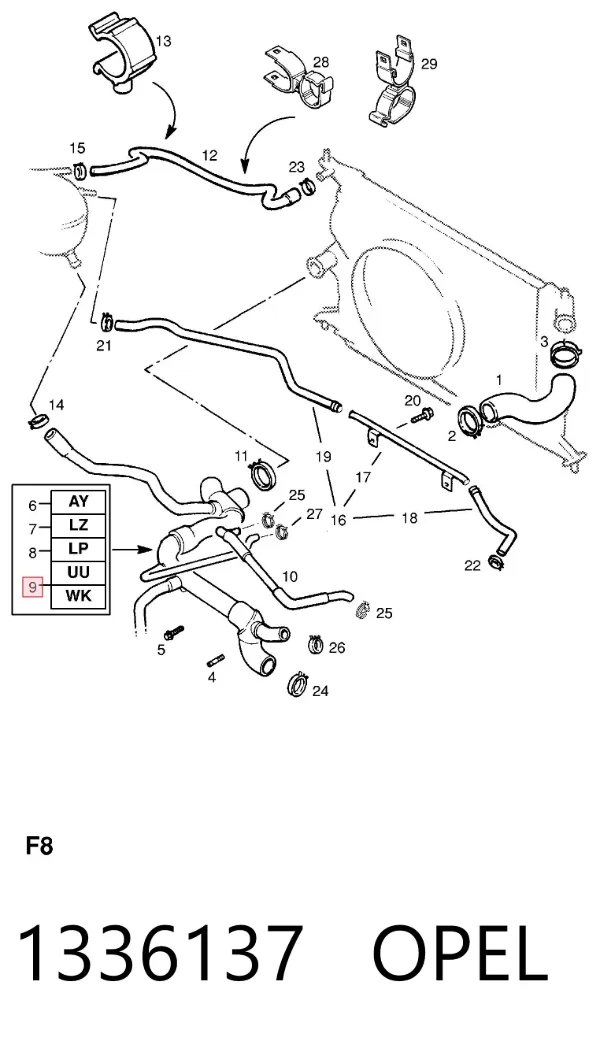 Manguera inferior del radiador 1336137 Opel