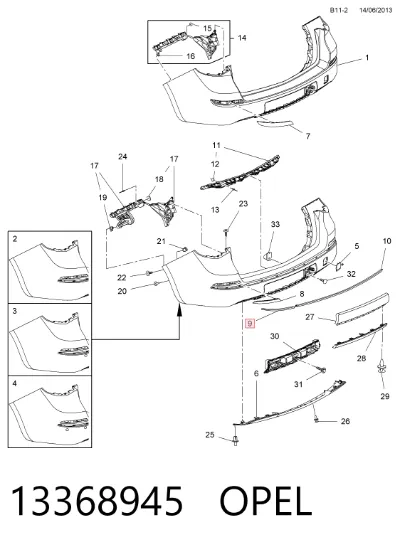 Moldura de parachoques trasero derecho OPEL 13368945