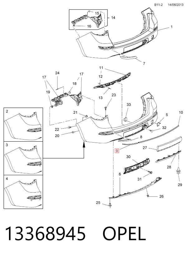 Moldura de parachoques trasero derecho 13368945 Opel